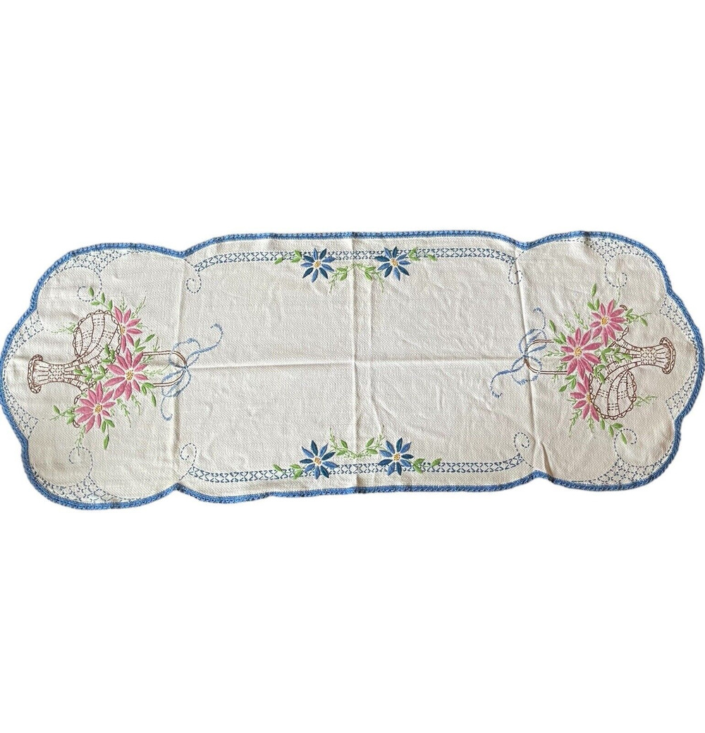 Vintage Cotton Floral Hand Embroidered Runner Flower 44X16 Scalloped Crochet Ova